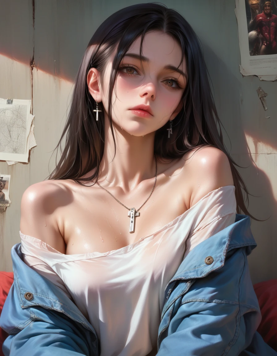 Best quality, masterpiece, ultra high res, (photorealistic:1.4), raw photo, 1girl, offshoulder, in the dark, deep shadow, low key, cold light, detailed skin