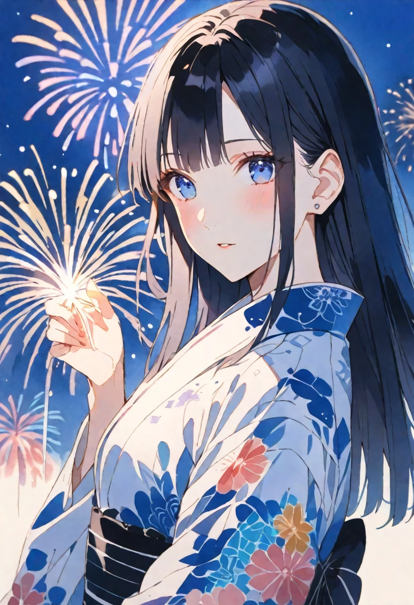 alone, good looking, watercolor,
1. woman,
Hime cut,Straight hair,Long Hair, Black Hair, 
blue eyes,Soft impression,Lolita,18-year-old,
yukata,stylish,
skin,firework,
Blue background,