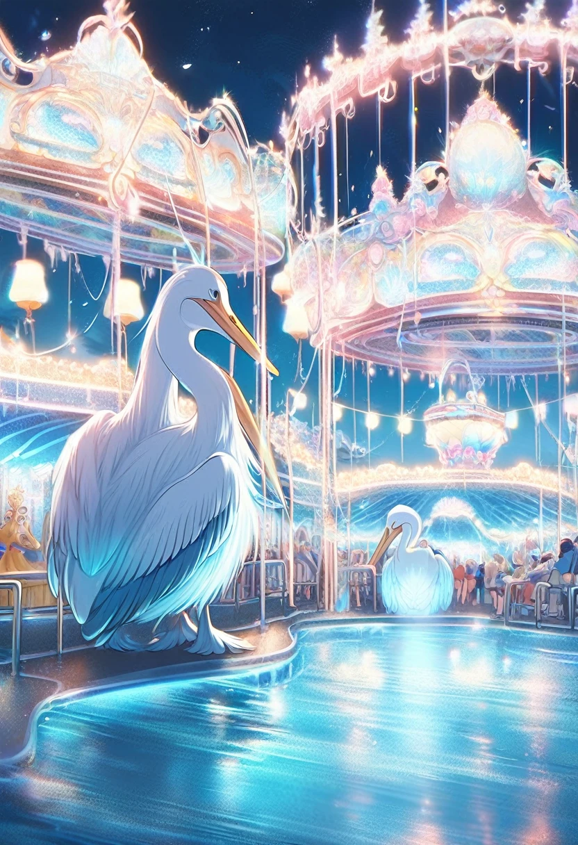 Blue Bioluminescent. Pelican sitting at a Amusement Park