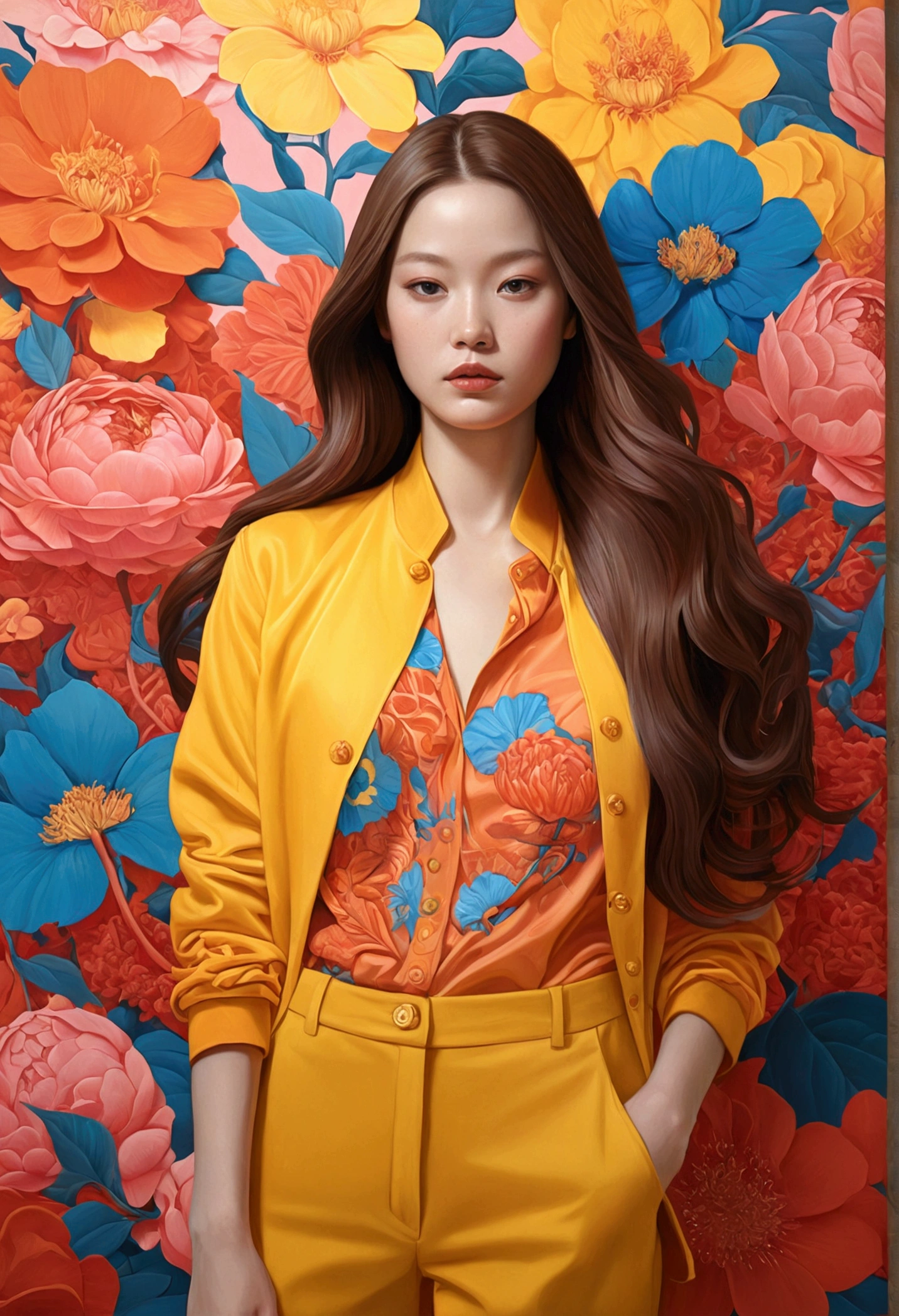 Painting of a woman with long hair and flowers, Ultra-fine detailed paintings inspired by James Jean, Reddit, neo-fauvism, James Jean and Petra Cortright, James Jean Mark, JamesJean」, James Jean Andrey Ryabovitchev, Kilian Eng: Vivid Colors, James Jean Soft Light 4K, Kilian Eng: Vivid Colors、Brown hair、Yellow clothes