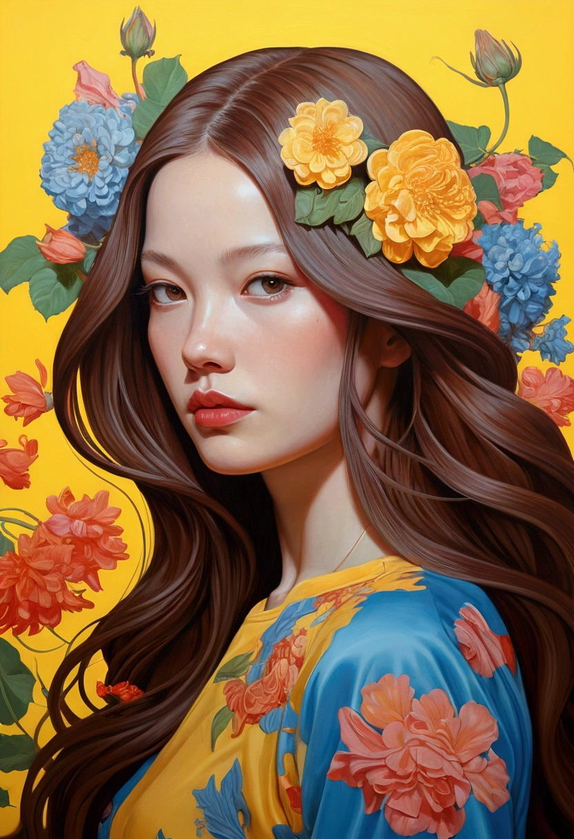 Painting of a woman with long hair and flowers, Ultra-fine detailed paintings inspired by James Jean, Reddit, neo-fauvism, James Jean and Petra Cortright, James Jean Mark, JamesJean」, James Jean Andrey Ryabovitchev, Kilian Eng: Vivid Colors, James Jean Soft Light 4K, Kilian Eng: Vivid Colors、Brown hair、Yellow clothes