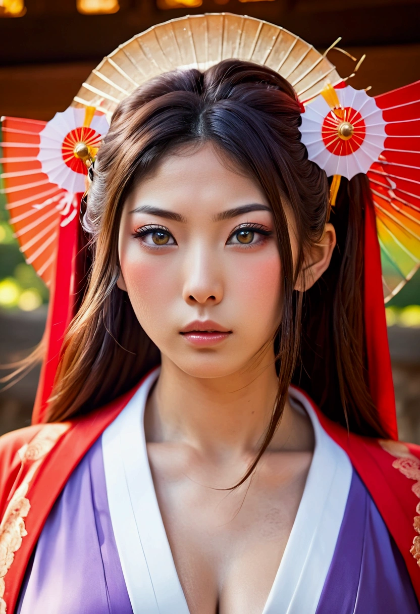 Beautiful Shrine Maiden: , Age 25, (Japanese Gods:1.6), Large Breasts, romanticism painting, beautiful Perfect Face, Soft Skin, Perfect Face, Large and firm breasts, Hard nipples, Muscular, Exposing breasts, Cleavage is exposed, Add light purple and purple, Add Light Red, Intricate details, Splash screen, 8k resolution, masterpiece, dynamic sexy pose, Sweat, long red cape, (Background of the shrine grounds, performer, ), Rainbow light, Sharp eyes, break, Strong winds, Colorful light,