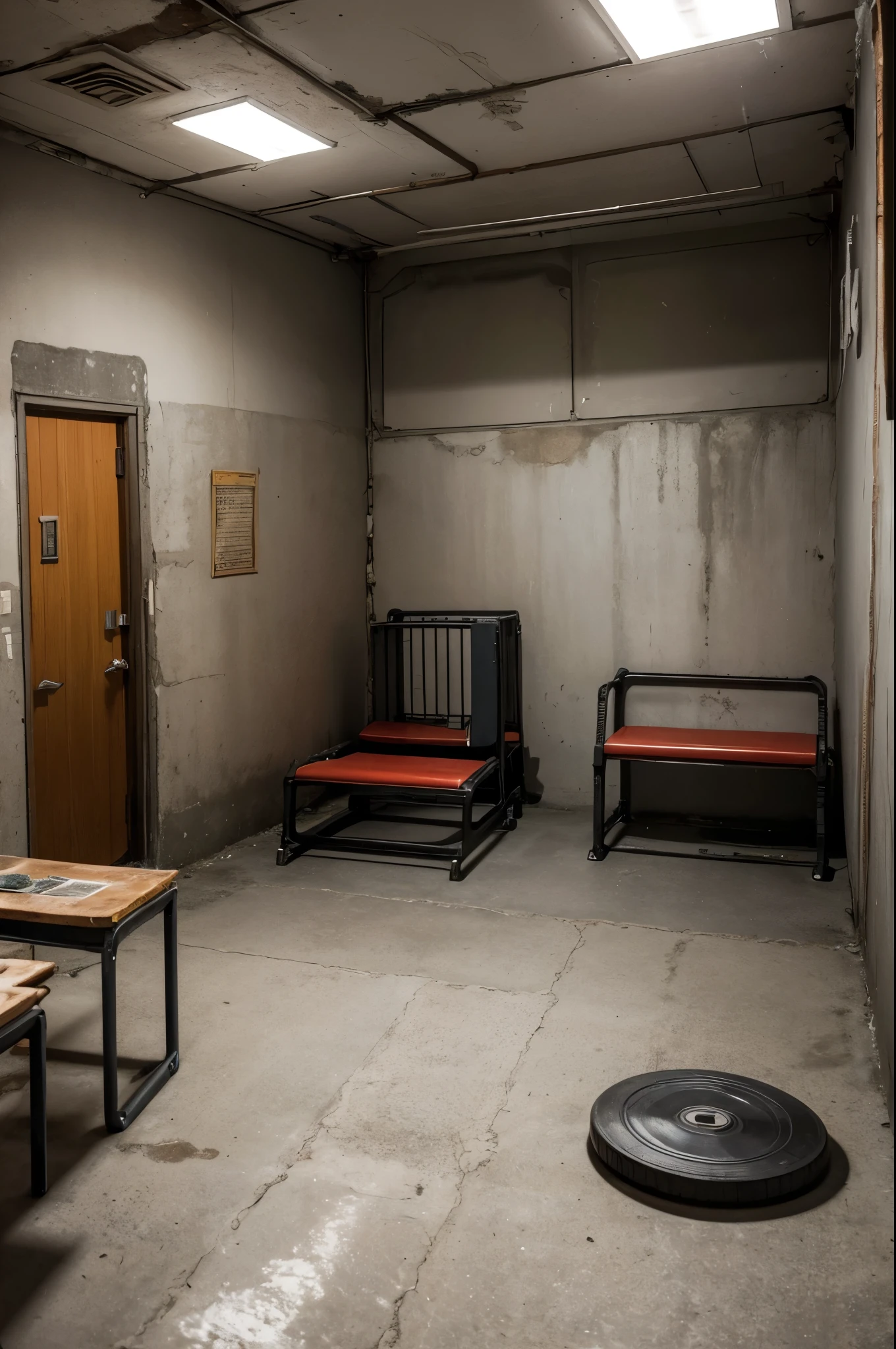Generate an image of a prison activity room with a dark and eerie atmosphere. The room is spacious but dimly lit, with flickering lights on the ceiling. There are several tables and chairs arranged around the room for group activities, but they are old and worn. On one side, there is a bookshelf with a few tattered books and board games. On another side, there is a small area with rusty gym equipment like weights and a treadmill. The walls are made of rough, grey concrete, and there are some old, faded motivational posters and inmate artwork hanging on them. The overall mood should feel oppressive and unsettling, fitting the typical prison environment.*