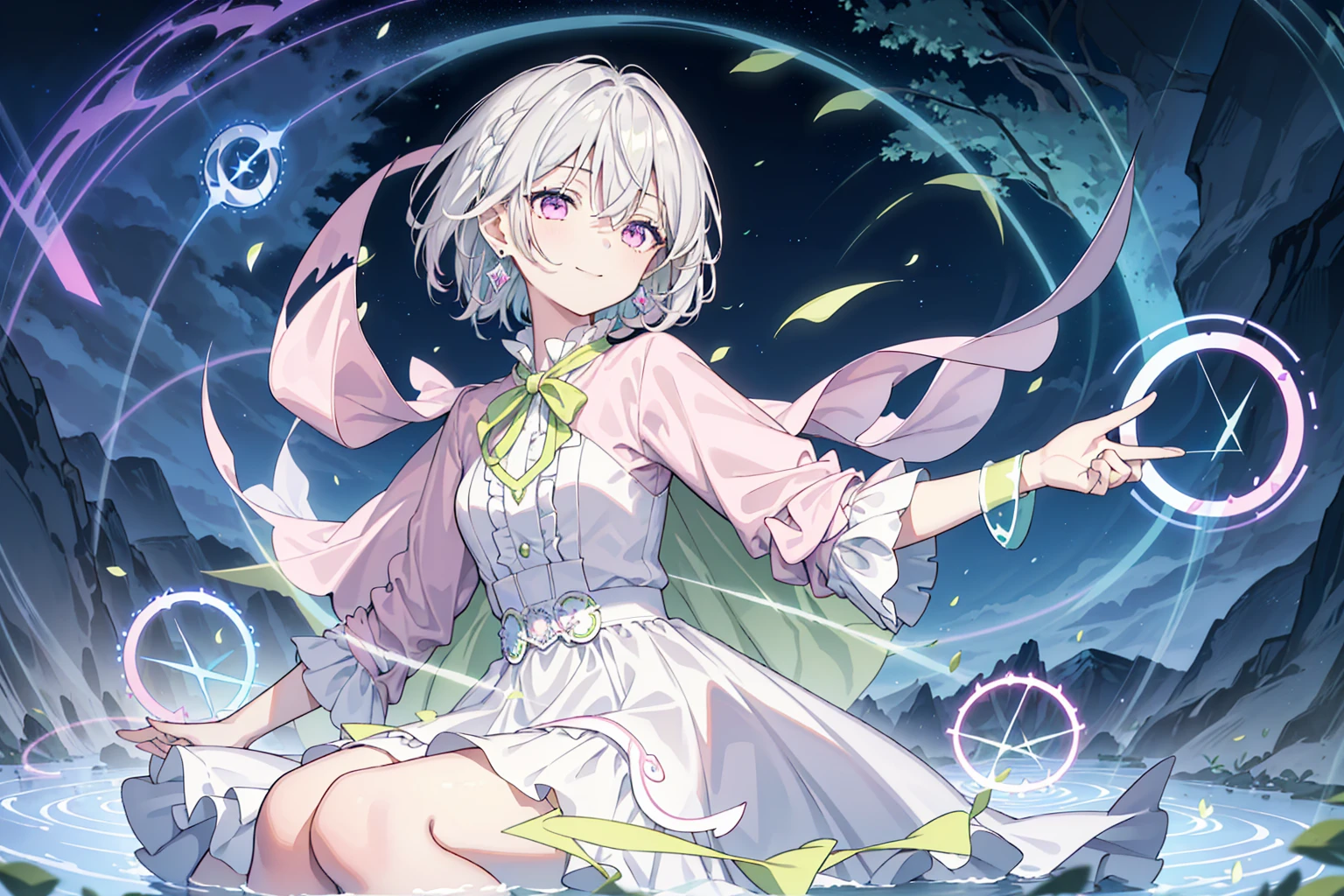 (best quality), (top-quality), (hight resolution), 8K images, (masterpiece), ((perfect face)), hair strand,Light skin, (((1girl))), (((solo))), beautiful fantasy anime, top rated on pixiv, ((short hair)), (expressive eyes), (perfect eyes), (((light_pink eyes))), (flat chest), perfect face, smiling, (white silver hair), braided bang, hair over eyes, earrings, (lime collar shirt), lime bow, lime long dress, ((lime magic school uniform)), star hair ornament, vintage style, starry night, fantasy, modern art, cool light --ar 3:2, (wide shot), (lots of beautiful and delicate water), sit among the river, flower on river, explosive magic, (many shining magic circles with complex geometric patterns:1.5), magic come out from hand, cast magic, lime gothiclolita, ((lime green cape))