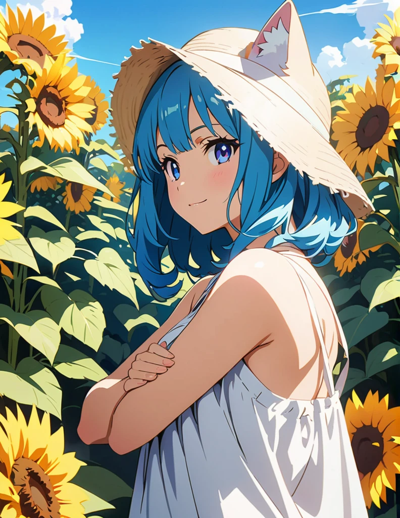 (anime artwork, anime style, studio anime, very detailed, up to date, vibrant, Anime Coloring, high contrast, masterpiece:1.2, best quality, best aesthetics),{{774inc}},{{souya ichika}},{{summer clothes}},1 girl,blue hair,light smile,sunflower park,sexy pose,cat ear,ultra-detailliert