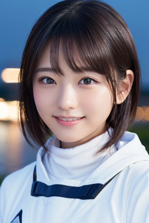 masterpiece, Highest quality, One Woman, (White space suit、turtleneck:1.2), 22 years old、(RAW Photos, Highest quality), (reality, Realistic:1.4), Upper Body、Clean look、Iris、very detailed eyes and face, Beautiful and detailed nose, beautiful eyes, Perfect Anatomy、Black short hair、bangs、Crystal skin, A cool smile、Face Focus、Movie Proof、night、The background is a starry sky