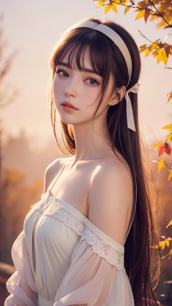 (8k, Highest quality, masterpiece:1.2),(Highest quality:1.0), (Ultra-high resolution:1.0), watercolor, Beautiful woman, shoulder, Hair Ribbon, Agnes Cecil, Half Body Portrait, Very bright and luminous design, pastel colour, (ink:1.3), Autumn Light,