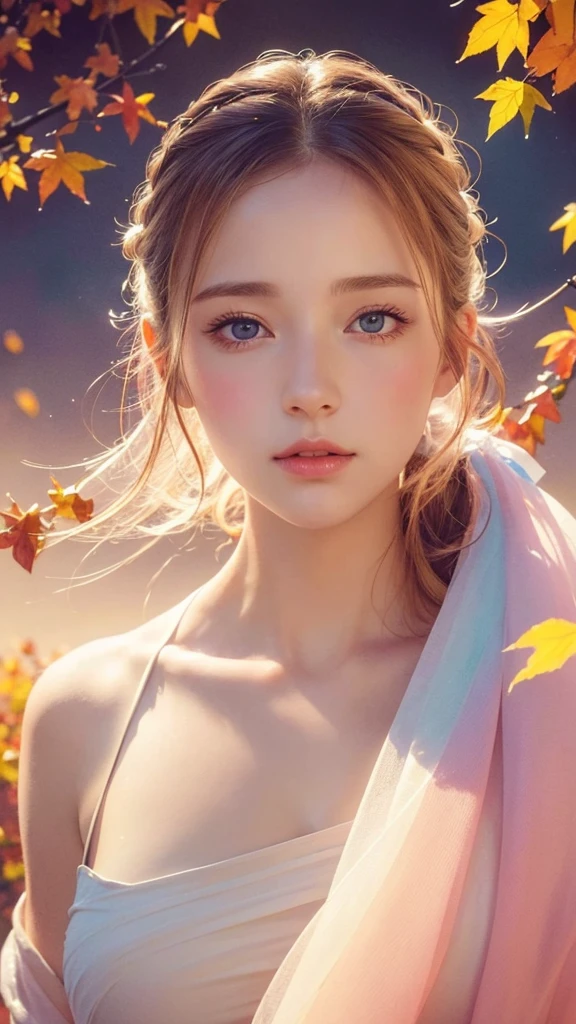 (8k, Highest quality, masterpiece:1.2),(Highest quality:1.0), (Ultra-high resolution:1.0), watercolor, Beautiful woman, shoulder, Hair Ribbon, Agnes Cecil, Half Body Portrait, Very bright and luminous design, pastel colour, (ink:1.3), Autumn Light,
