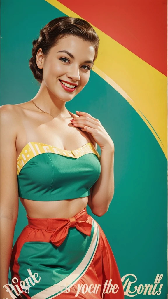 Retro poster-style illustration, 1950s pinup girl, bright colors, vintage fashions, smiling woman, green background."
