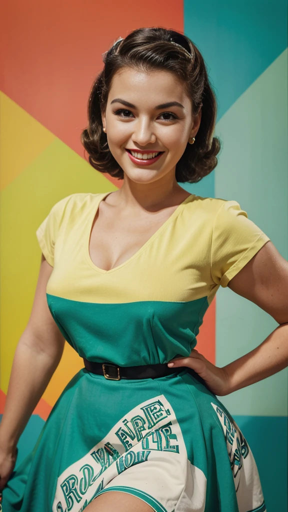 Retro poster-style illustration, 1950s pinup girl, bright colors, vintage fashions, smiling woman, green background."