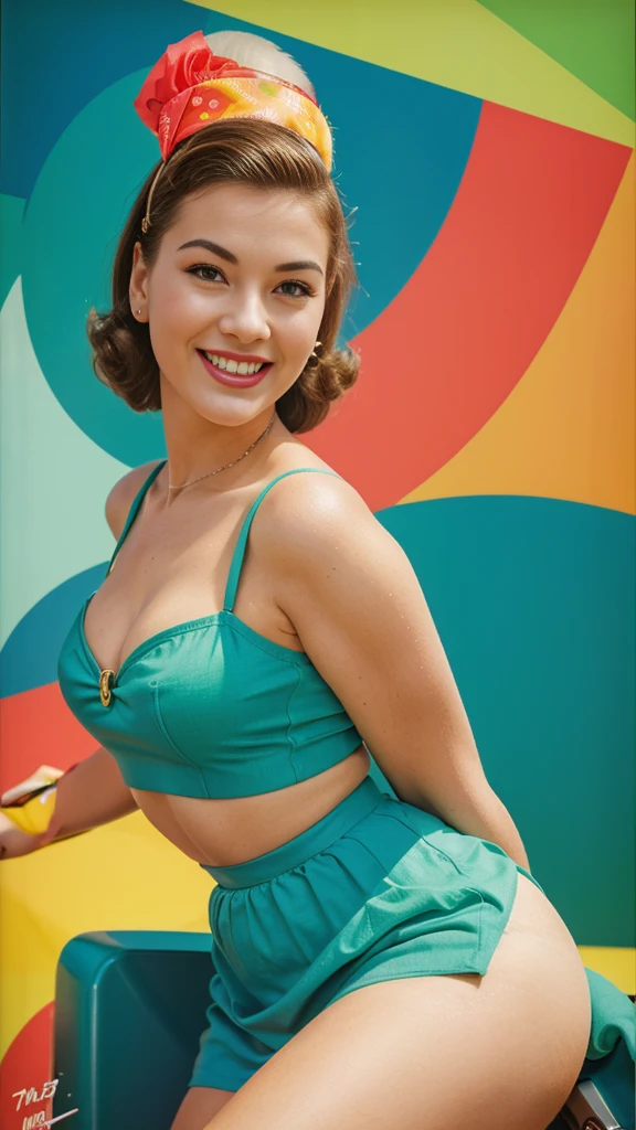 Retro poster-style illustration, 1950s pinup girl, bright colors, vintage fashions, smiling woman, green background."