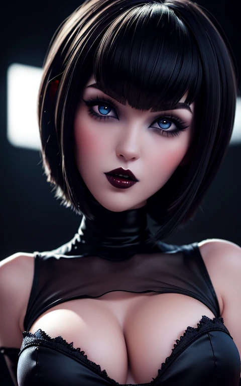 Mavis Dracula closeup, black fur, bobcut,big blue eyes,  voluminous red lips perfectly detailed face and very pretty body , slender, abundant breasts,gothic makeup 