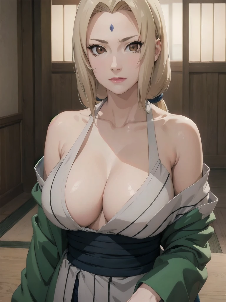 (masterpiece, Highest quality:1.2), alone, One Girl, Tsunade Defense, Forehead mark, View your viewers,Browsing Caution、((anime、Upper body naked、Sad face、Exposed breasts、Medium Size、Off the shoulder、Torn clothes))、、Open kimono, Green haori, Gray kimono, sash, pants 、Upper body close-up、Close-up of a person、Beautiful girl with beautiful details, very cute, Beautiful girl with beautiful details, Professional photography lighting, Highly detailed eyes and face, Beautiful eyes in every detail、Beautiful detailed hair, Beautiful and exquisite cold face、