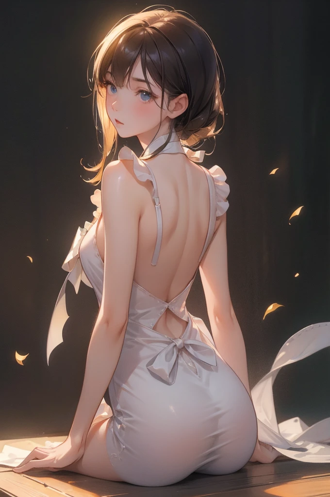 official art, unity 8k wallpaper, Super detailed, masterpiece, highest quality, 1 female, (very detailed),(Raw photo、highest quality)、(realistic、Photoreal:1.3)、high detail、Very detailed complex 3D rendering of a face、(very detailed肌:1.2)、dynamic angle, fire glow effect,  professional lighting, side light, cinematic light, 超A high resolution, 8k , film grain,best shadow, particles of light, Fine skin texture, detailed face, intricate details, Super detailed, shine, Please reconsider、full body,、beautiful face、blurred background、18 year old beautiful girl、shiny skin、thin、nice companion、delicate body、thin legs、naked apron、((crawl on all fours))、beautiful back、butt、turn around、A picture from a little behind、bend the body、