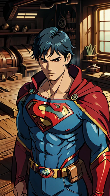 (1man, Superman), (extremely detailed CG unit 8k wallpaper),(master part), (best quality), (ultra detail), (best illustration),(ghibli style), cowboy shot, (Sharp eyeliner, ombre, detail eyes:1), dark batcave interiors background, ,break , (salvagepirateworld), upper body, camisa, red cape