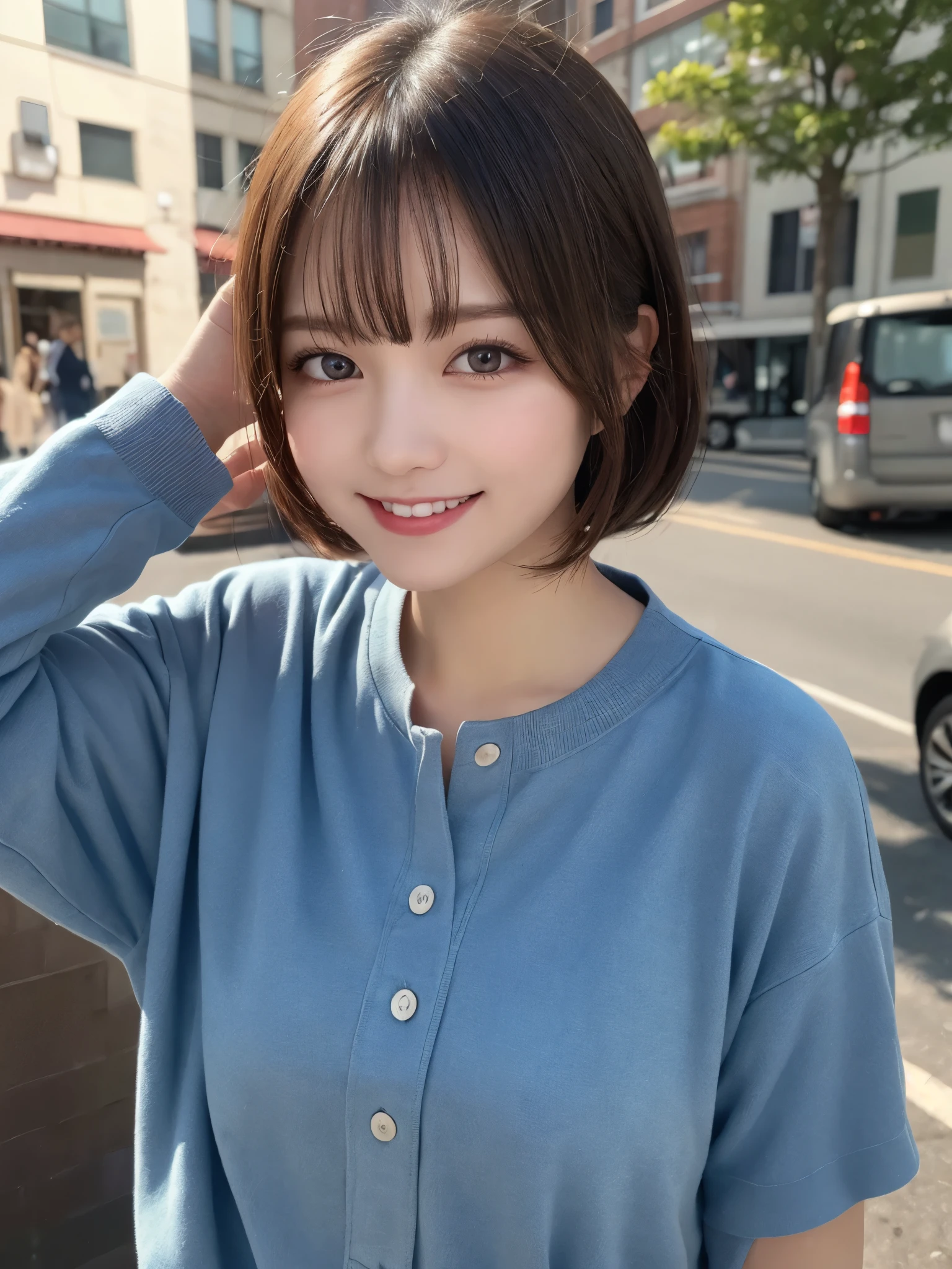 masterpiece, best quality, illustration, ultra-detailed, finely detailed, high resolution, 8K wallpaper, perfect dynamic composition, beautiful detailed eyes, hobbies, various activities, casual clothing, short hair, cheerful expression, cute, smile, looking at camera