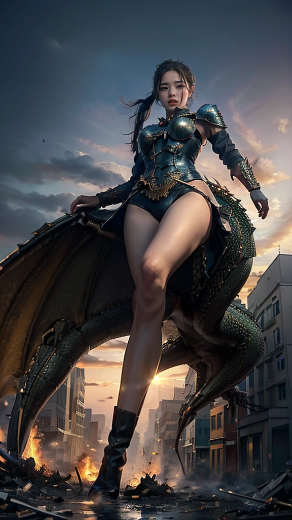 (Giantess element, high resolution, high quality, accurate body structure, detailed body), focus on girl,
BREAK,
Sexy, battle suit, towering giant girl, looking up at approaching woman from below, giant attacks city, cute, girl destroying small town,
mischievous expression, white skin, smiling, trampling, walking, trampling, anatomically correct, accurate human body, accurate skeleton, full body portrait, light beam from girl's hand, shock wave from girl's hand, magic,
BREAK,
destroying small town, rubble, burning small town, destroyed small building, collapsed highway, car being crushed, evacuation of residents, sunset, burning small town, rubble scattered at feet, taller than skyscrapers, big impact, increase destructive elements, make city smaller, rampaging, city, building,
BREAK,
(Girl and dragon: 1.5),
BREAK,
Blue eyes, monster, (fighting dragon), dragon flying in the sky background,