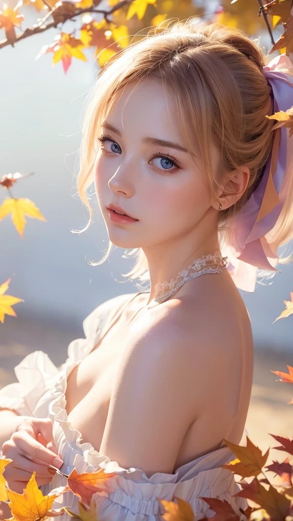 (8k, Highest quality, masterpiece:1.2),(Highest quality:1.0), (Ultra-high resolution:1.0), watercolor, Beautiful woman, shoulder, Hair Ribbon, Agnes Cecil, Half Body Portrait, Very bright and luminous design, pastel colour, (ink:1.3), Autumn Light,