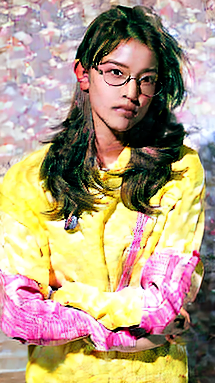 In a dimly lit bedroom, a stunning portrait of a kawaii beauty with dark bobbed hair and glasses dominates the frame. She sits comfortably on a plush bed, sweat glistening on her skin as she gazes directly at the viewer. The ultra-high resolution 8K camera captures every detail, from the subtle curves of her features to the intricate patterns on her clothes. This masterpiece is a testament to the artist's skill in capturing beauty and intimacy.