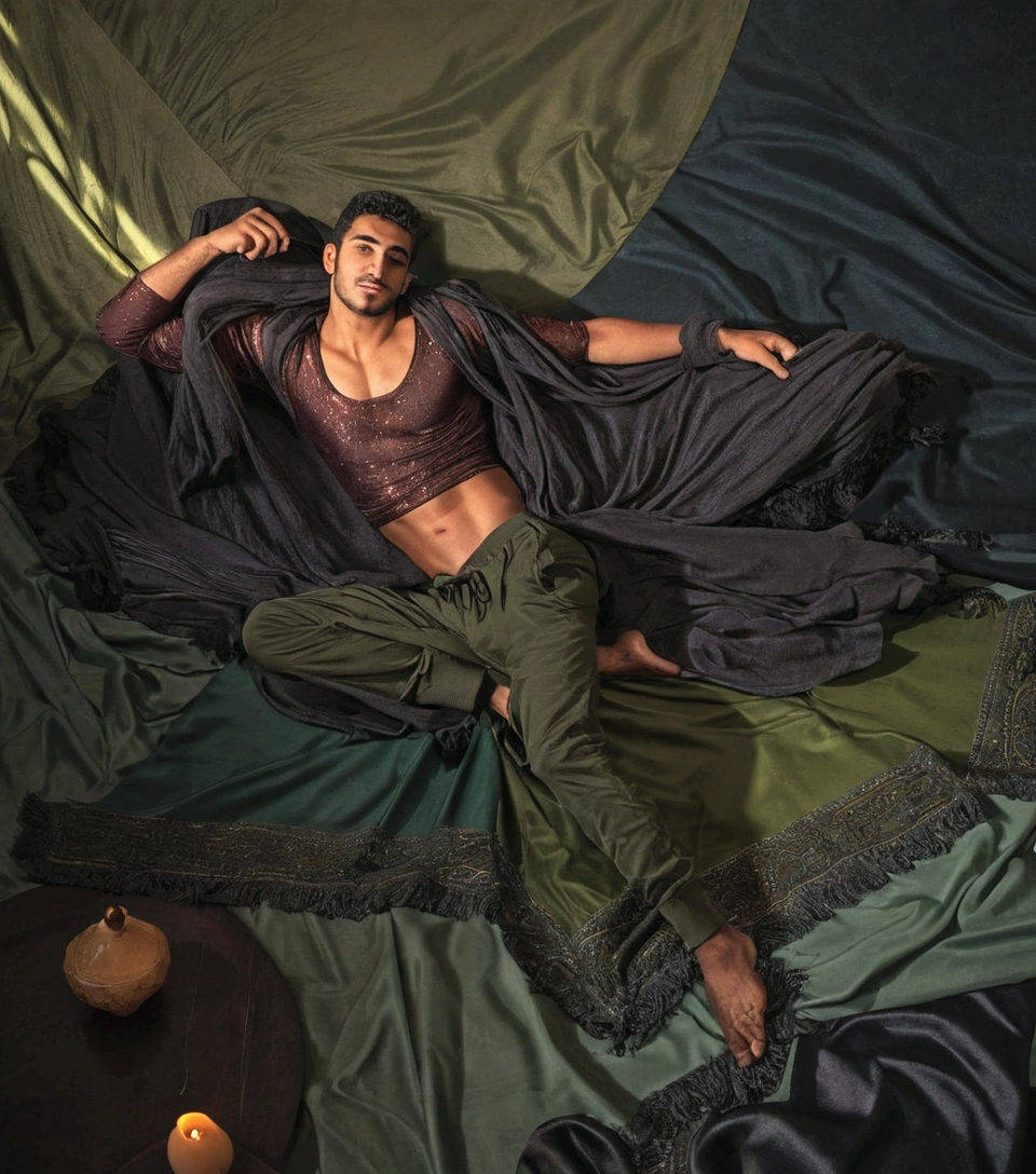 Sexy and young Arab man in the warmest environment, colorful and moroccan