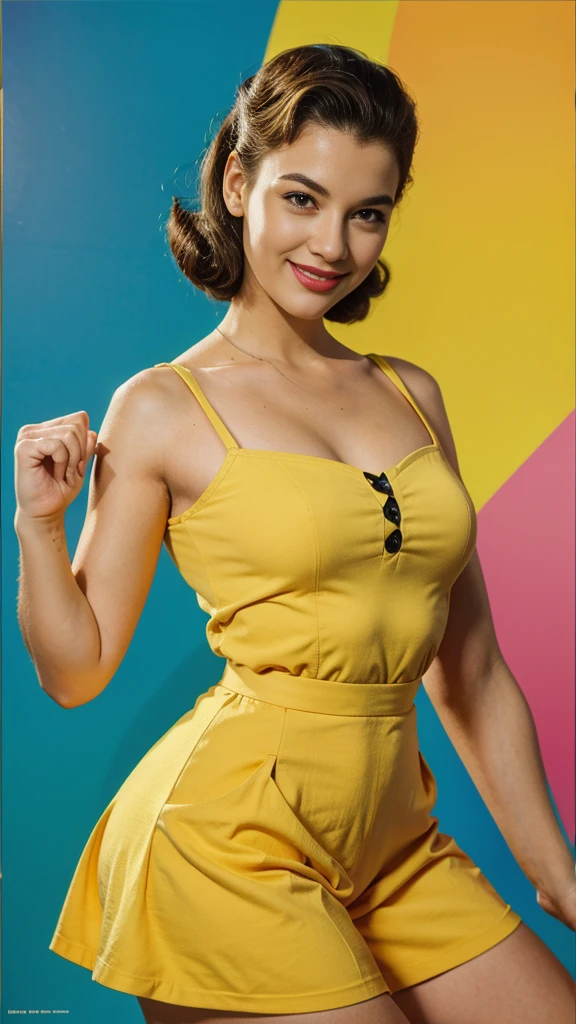 Retro poster-style illustration, 1950s pinup girl, bright colors, vintage fashions, smiling woman, green background."