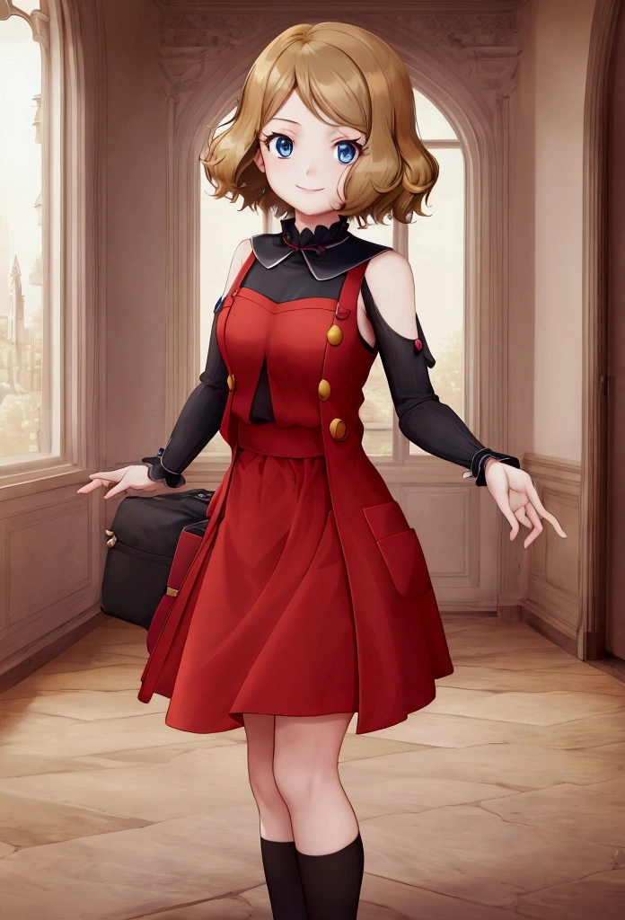 masterpiece, Perfect lighting, (beautiful, Highest quality: 1.3), Perfect Eyes, Perfect ???????, Absurd, 8k, Serena, alone, short hair, smile, Loved, eyelash, blue eyes, Red Dress、No sleeve、Black Stockings, With arms wide open,mini skirt