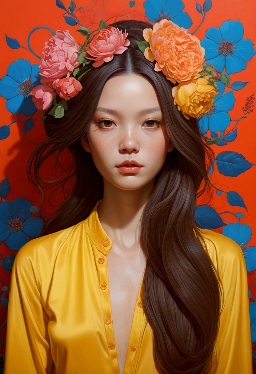 Painting of a woman with long hair and flowers, Ultra-fine detailed paintings inspired by James Jean, Reddit, neo-fauvism, James Jean and Petra Cortright, James Jean Mark, JamesJean」, James Jean Andrey Ryabovitchev, Kilian Eng: Vivid Colors, James Jean Soft Light 4K, Kilian Eng: Vivid Colors、Brown hair、Yellow clothes