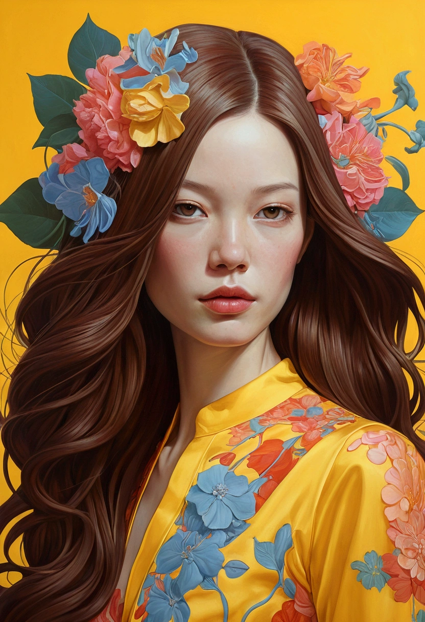 Painting of a woman with long hair and flowers, Ultra-fine detailed paintings inspired by James Jean, Reddit, neo-fauvism, James Jean and Petra Cortright, James Jean Mark, JamesJean」, James Jean Andrey Ryabovitchev, Kilian Eng: Vivid Colors, James Jean Soft Light 4K, Kilian Eng: Vivid Colors、Brown hair、Yellow clothes
