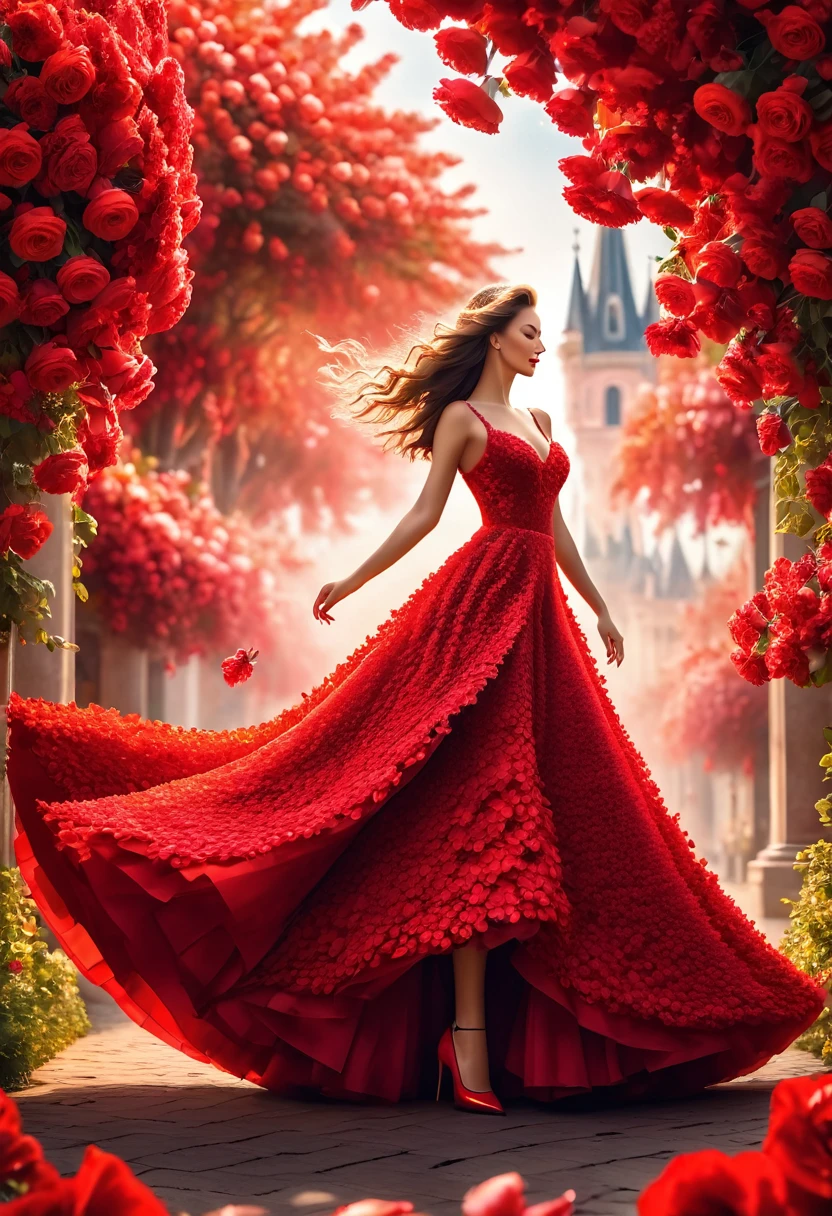 Best quality,4k, 8 K,a high resolution, masterpiece, unique, bright, perfect, well done, woman made of flowers Fluorescent colors, flower dress with wide bokeh skirt, stilettos, full length, dancing pose,very detailed,realistic,realistic,студийное Photo,Very detailed,Dynamic,cinematic,masterpiece,difficult,HDR , Abstract fractal, romantic atmosphere, Photo, award-winning