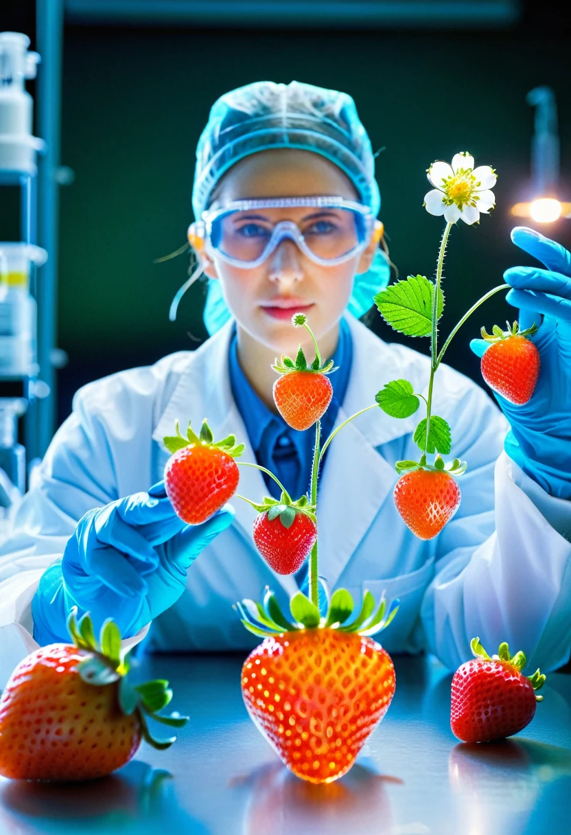 (((A genetically modified strawberry)))，(((A fast-growing and colorful strawberry)))，For example, the leaves are bright blue，Flowers come in a striking neon orange，Maybe，The shape of this plant is also unique.，Similar to a mixture of various known plants，The plant may be in a laboratory setting，Surrounded by laboratory equipment，Researchers wearing lab coats and goggles observed the spectacle