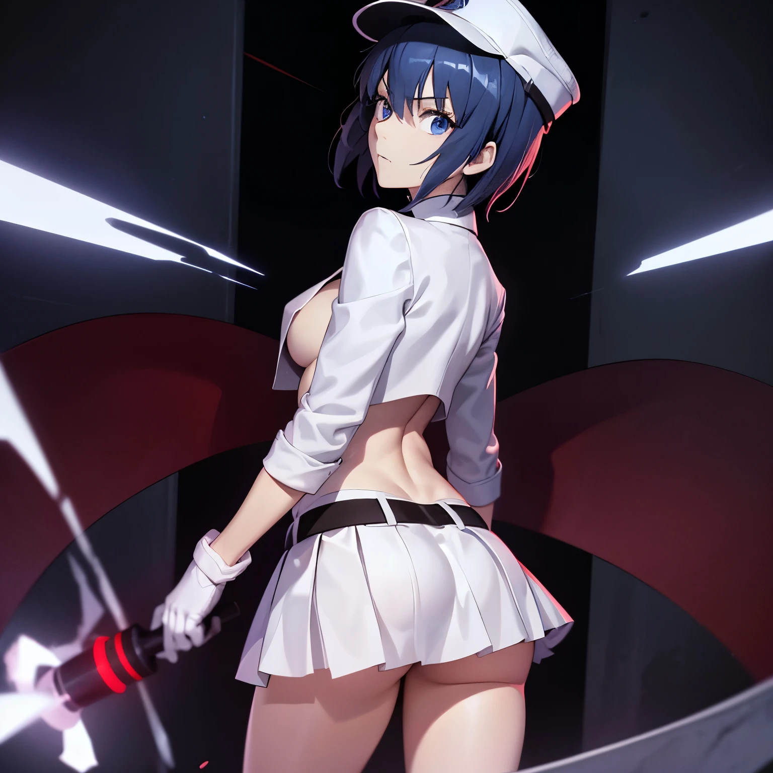 White gloves, red eyes, white jacket, white skirt, best quality, masterpiece, Highly detailed, illustration, absurdres, white military uniform, white uniform, white hat, solo, 1girl, expressionless, blank eyes, looking at viewer, emotionless, corruption, mind control, female combatant, full body, hypnotized, unhappy trance, perfect female body, extremely glossy latex, belt, hypnosis, hypnoLora, empty eyes, Mind control device, thigh high, Bleach, Quincy, thighhighs, tight miniskirt, medium breast, ciel_(tsukihime), blue hair, blue eyes, short hair, (((ass, from back, from behind, looking from back, view from back)))