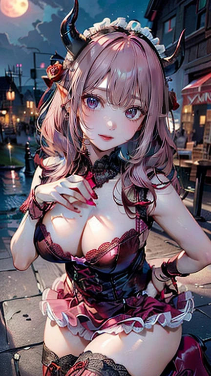 (masterpiece, Highest quality:1.3), (Very detailed:1.2), (hyperRealistic:1.3), (RAW Photos:1.2), High resolution raw color photos, Professional photos, (PhotoRealistic:1.4), (Realistic:1.4), (Pink Hair:1.5), Professional Lighting, Perfect Anatomy, (Big Breasts:1.3), (blush, Detailed face), (Bright smile:1.5), Trending Hair&Trending Hairカラーをランダムに, Earrings, necklace, bracelet, sexy, erotic sexy, ランダムでsexyなグラビアポーズ, いろいろなsexyポーズ、Randomly々pose、(Beautiful cosplayer in a red gothic ta dress、She flies under the full moon and the starry sky、Black rose in hand。Lace headdress on head、She is wearing red boots。: 1.3)、Succubus、devil、It has two red horns on its head.、Has two horns on its head,Big horns、It has a big red feather growing on its back.