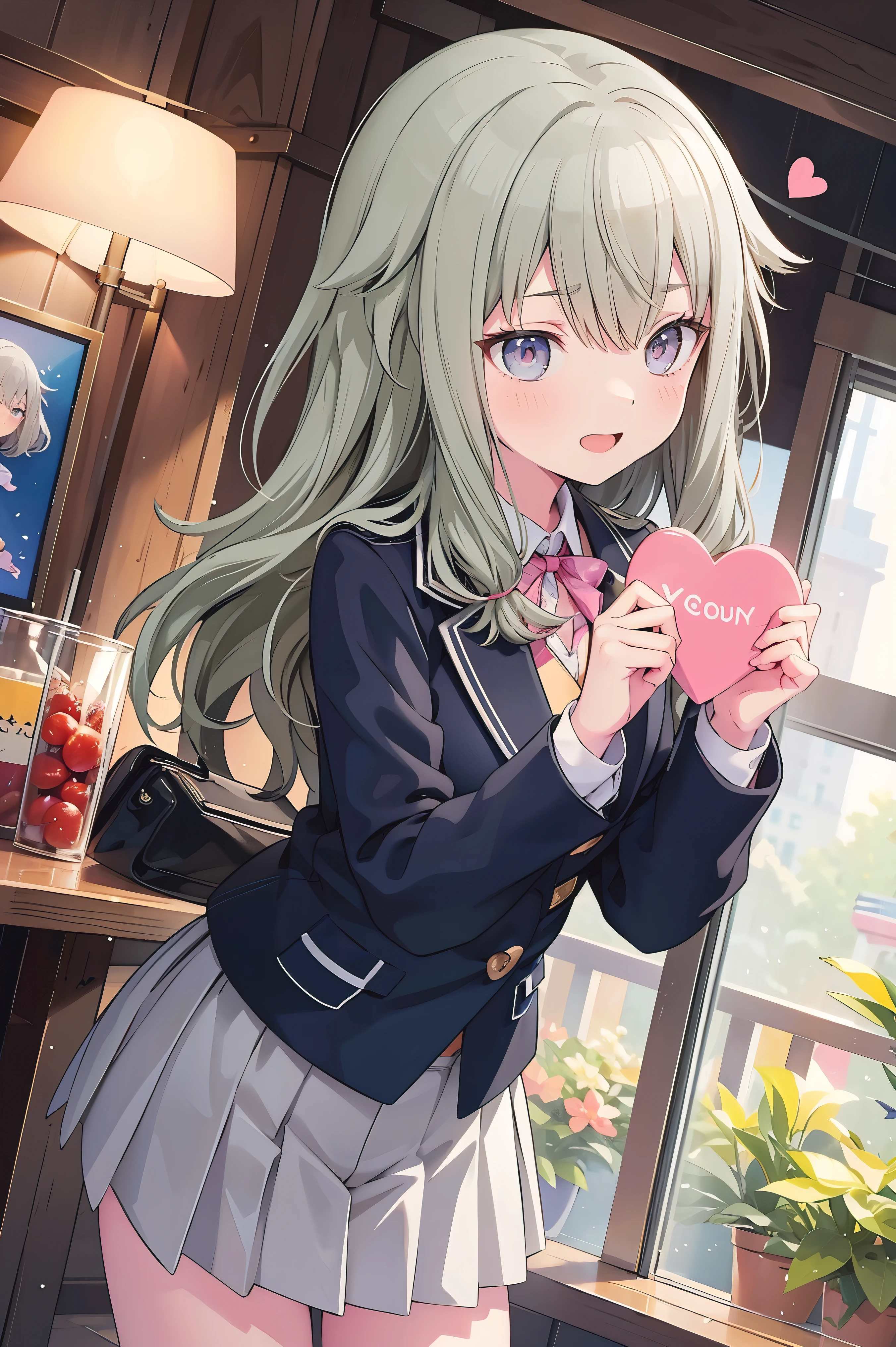 (8k, 最high quality)、Ultra-high resolution、adorable、最high quality, beautiful, (((Absurd beauty)))、masterpiece、Best image quality、(Front facing)、good feeling、smile,Face the camera、Delicate eyes、smile、Small face、female、1 person、masterpiece, Most detailed、school uniform、blazer、skirt、 high quality、♡、heart、Shiny Hair、Very fine and beautiful bright eyes、Medium chest、nose blush、Very detailed, clear and beautiful face, Awards, (Anatomically correct)