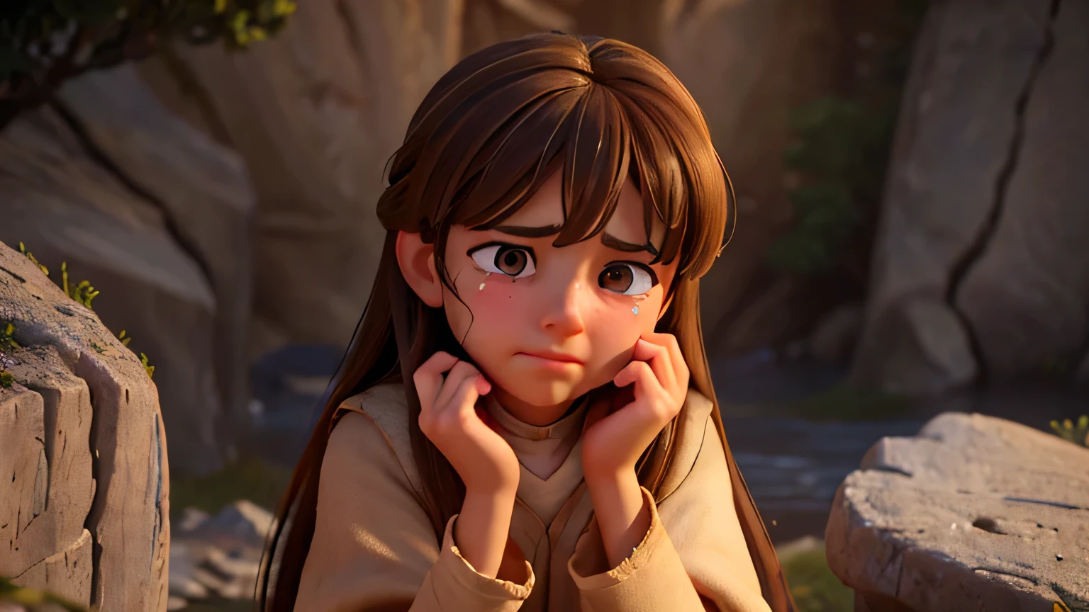 young girls crying with tears in their eyes, on their knees, full of sadness,  in worn brown robes, crying next to a rock cave, Israel, 2nd century BC, detailed face, detailed eyes, detailed clothing, 1 man, detailed facial expressions, sad lighting, emotional, dramatic, moody, cinematic (best quality, 4k, 8k, high resolution, masterpiece: 1.2), ultra detailed, (realistic, photorealistic, photorealistic: 1.37), HDR, UHD, lighting studio,ultra-fine painting,sharp focus,physically based rendering,extreme details description,professional,vivid colors,bokeh,biblical,historical,antique,dramatic