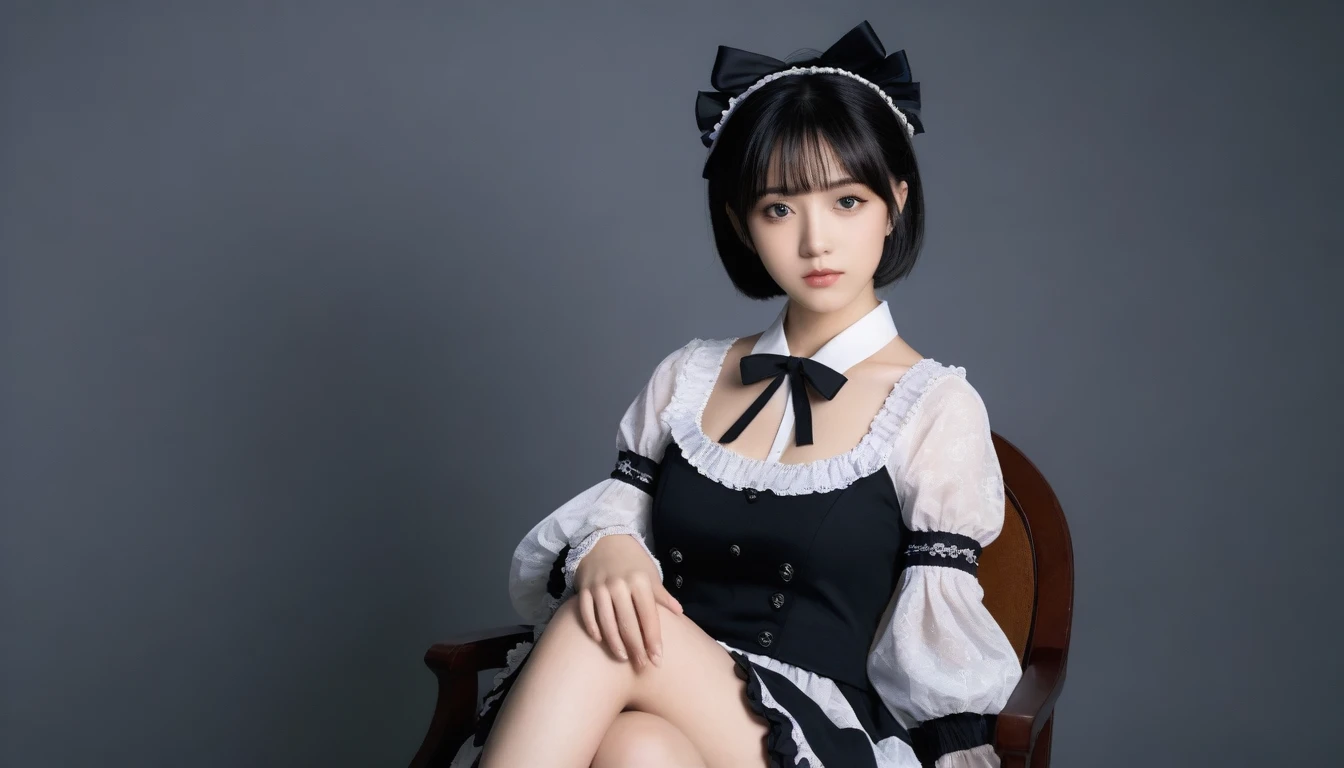 8k, Ultra-high resolution, Highest quality, masterpiece, 三分割法によるphotograph,Surreal, photograph, 1 Girl, (:1.3), pretty girl, Cute Face, Beautiful eyes in every detail, 細かくdetailedに,masterpiece,One Girl:1.2,Japan Female Teachers,full body,Serious expression,Black short hair,Blunt bangs,Sit in a big chair,((Fusion of Gothic Lolita and La fashion:1,Captivating thighs,Beautiful leg line beauty,bracelet, chest, choker, clavicle, Earrings,Gray background ,Perfect and beautiful face ,完璧でCute Face, Skin with attention to detail, Perfect limbs、Narrow waist,Looking at the audience,(((Ideal body type))),Aカップの小さなchest :2,Portraiture:2,Perfect Anatomy,鮮明なdetailed,detailed,Surreal,Light and shadow,spotlight