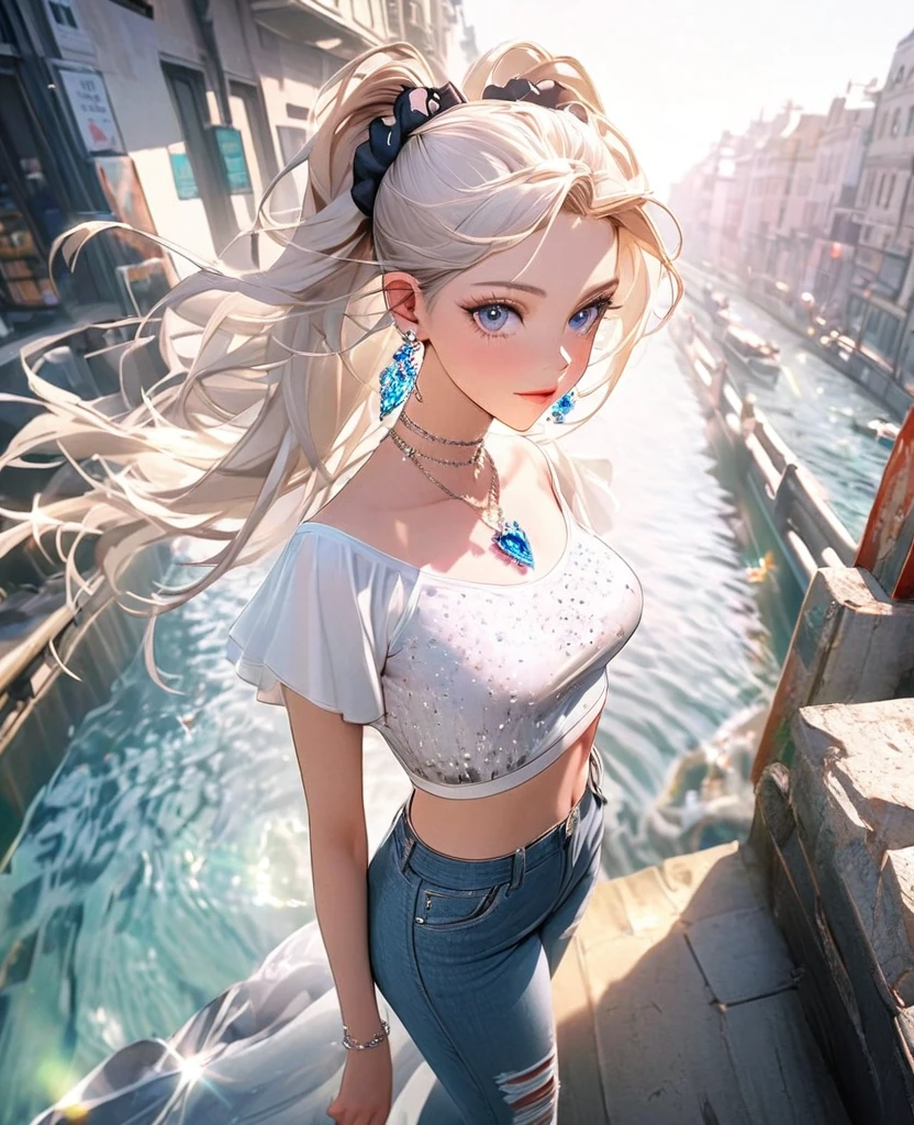 8K,gal，an extremely delicate and beautiful,Beautiful and realistic skin,Shiny jewel-like earrings,Shine like glitter long white hair,beautiful eyes,Fashion Model,full body,jeans,crop top,hair scrunchie
