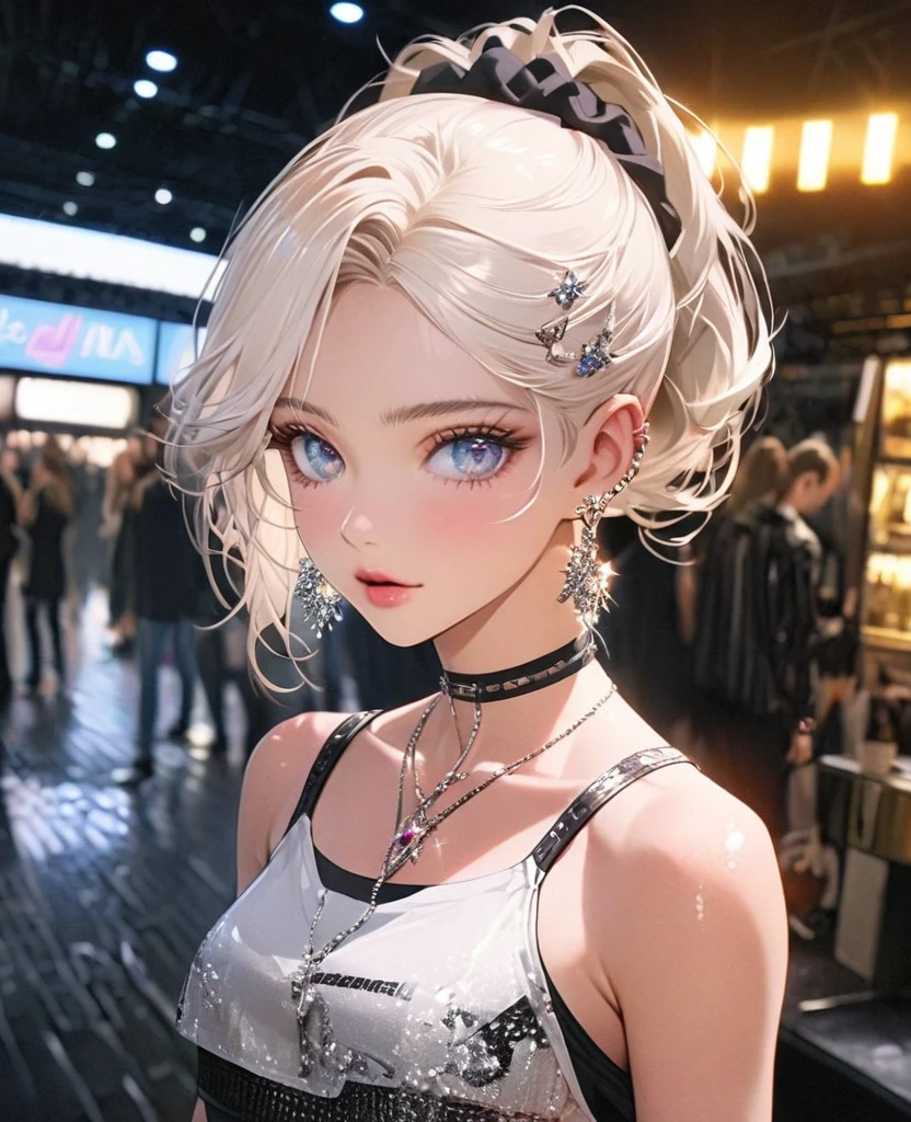 8K,gal,an extremely delicate and beautiful,Beautiful and realistic skin,Shiny jewel-like earrings,Shine like glitter long white hair,beautiful eyes,Fashion Model,full body,jeans,crop top,hair scrunchie