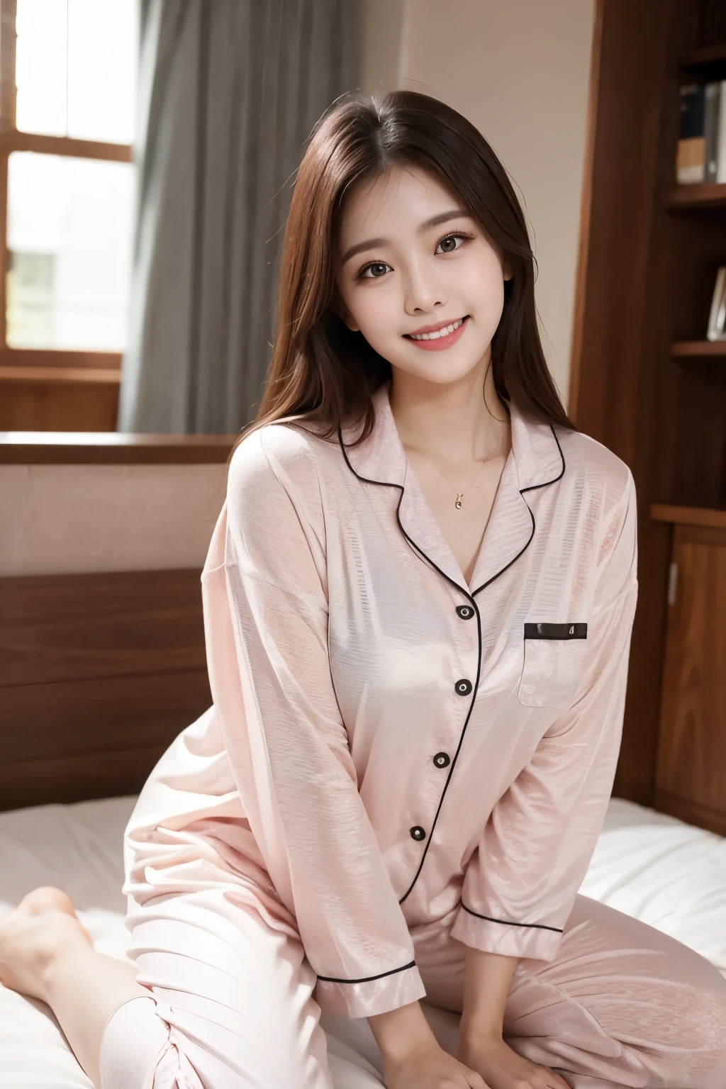ulzzang-6500-v1.1, (RAW Photos:1.2), (Photorealistic), Beautiful detailed girl, (Genuine: 1.4), Very detailed目と顔, Beautiful and fine details, ((Cute pajamas、Lie down in the room))、game_Hmph, Large file size, High resolution, Very detailed, Highest quality, [masterpiece:1.6], Awareness-raising, Very detailed, Hmph, In detail, Highest quality, 8k wallpaper, Cinema Lighting, One Girl, 17 years old, Perfect figure, Cute droopy eyes、Beautiful big eyes、((masterpiece)), Highest quality, One Girl, eye shadow, Portraiture, ((Full Body Shot:1.4))、(A very loving smile:1.2)、Realistic skin texture、Shiny skin、