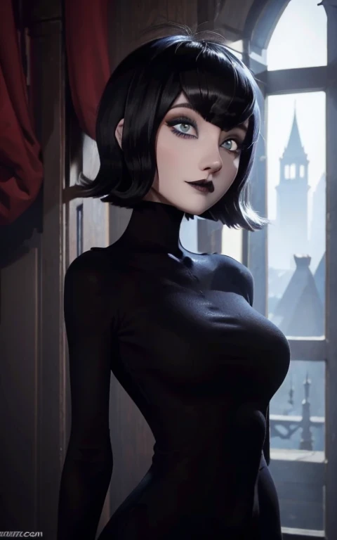 Mavis Dracula closeup, black fur, bobcut,big blue eyes, voluminous red lips perfectly detailed face and very pretty body , slender, abundant breasts,gothic makeup
