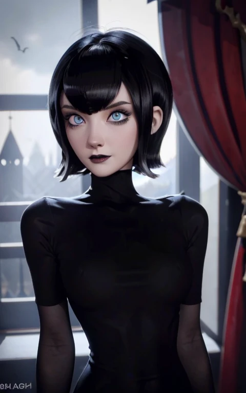 Mavis Dracula closeup, black fur, bobcut,big blue eyes, voluminous red lips perfectly detailed face and very pretty body , slender, abundant breasts,gothic makeup