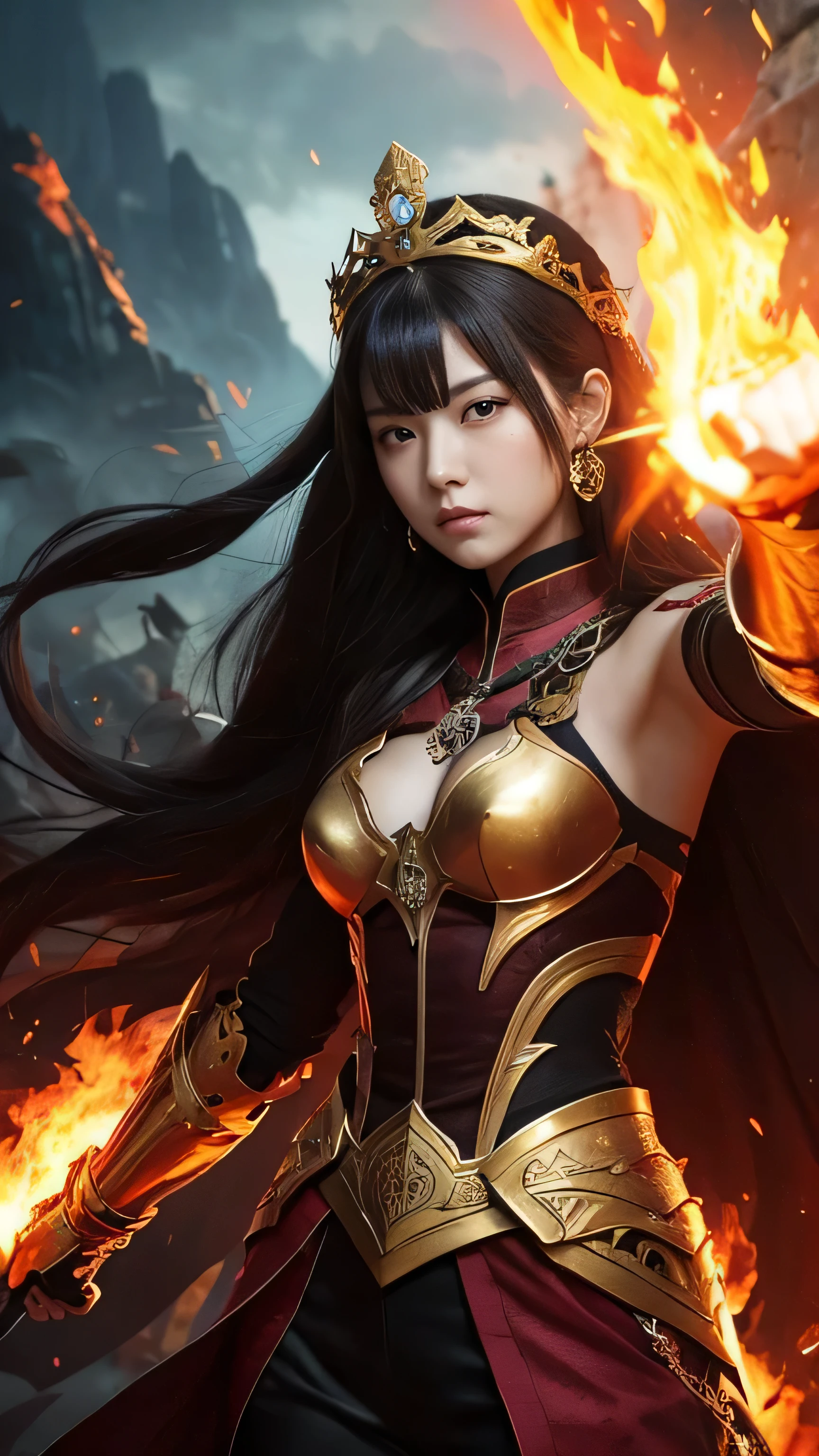 **Prompt:** Create an ultra-realistic depiction of a battle-ready female Enma Daio, the Queen of the Underworld from Japanese mythology, in a dynamic combat scene. **Overall Appearance:** She stands tall and commanding, exuding an aura of authority and fear, much like the traditional Enma Daio. **Head:** Her face is fierce and stern, with sharp, penetrating eyes that seem to see through one's soul. Her skin is a deep red, symbolizing her power and wrath. She wears an ornate headdress adorned with intricate designs and flames, similar to a magistrate's hat. **Hair:** Her long, black hair flows wildly around her as she moves, adding to her intense and formidable presence. **Attire:** She is dressed in elaborate traditional battle armor, richly decorated with patterns of flames and mythical symbols. The armor is predominantly black and red, highlighting her connection to the underworld. Her attire includes an ornate belt and heavy, golden jewelry that signify her status. **Weapons:** In one hand, she wields a massive, flaming sword, the blade glowing with an intense, otherworldly fire. In the other hand, she holds a large, fearsome judge's staff, ready to strike down her enemies. **Pose and Action:** She is depicted in a dynamic pose, mid-battle, with her sword raised high and her staff poised to deliver a crushing blow. Her expression is fierce and determined, embodying the spirit of a warrior queen. **Background:** The scene is set in a hellish landscape, with flames and smoke filling the air. The ground is littered with the defeated, and her enemies cower in fear before her. The sky is dark and ominous, with lightning flashing in the distance, adding to the dramatic and intense atmosphere. **Special Features:** - **Flaming Sword:** The sword is ablaze with fiery colors, symbolizing her power and wrath. - **Phoenix Aura:** She is surrounded by a radiant aura of warmth and light, emphasizing her connection to the mythical Phoenix. - **Fiery Trail:** Her movements leav