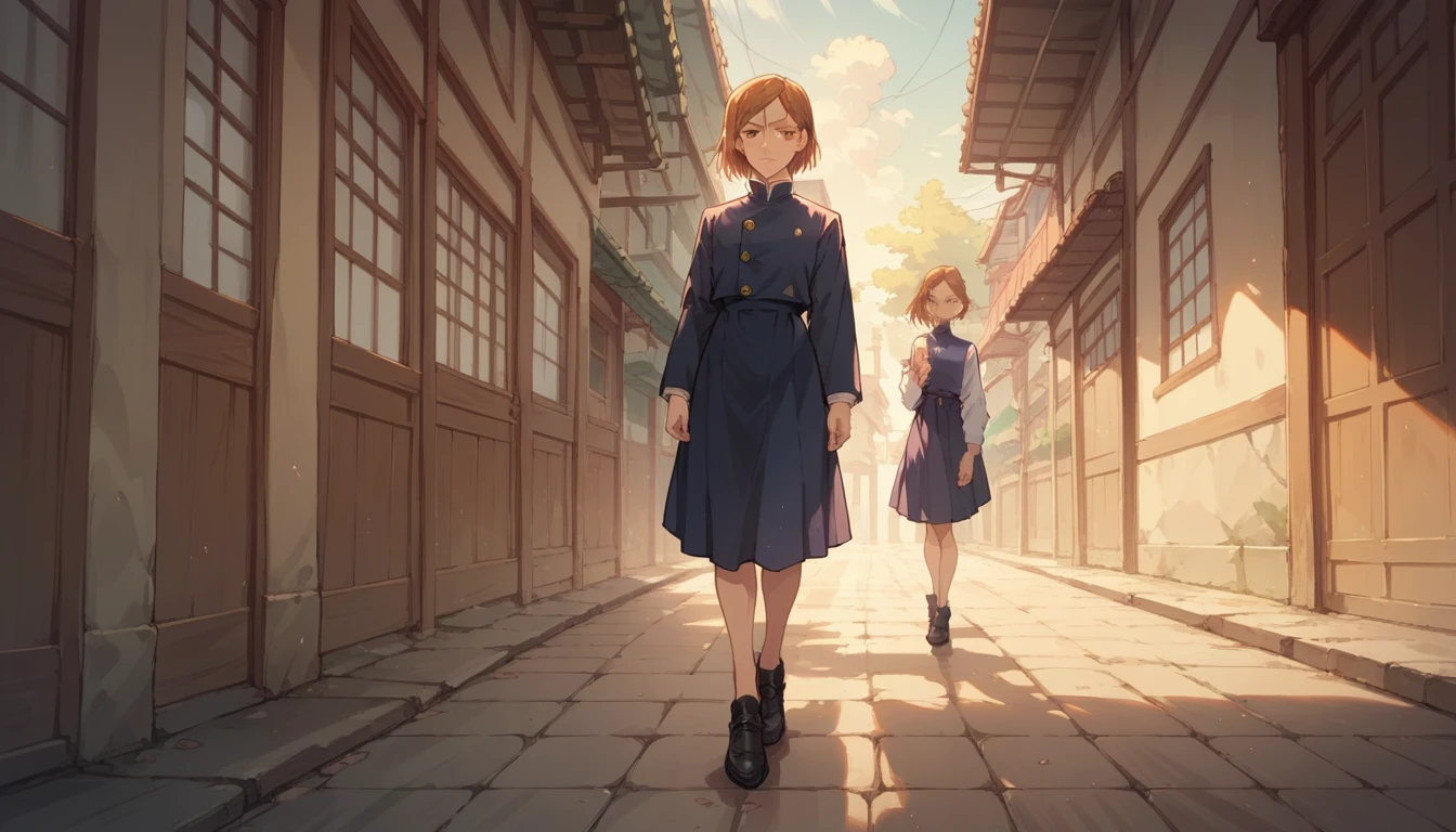 Nobara Kugisaki from jujutsu kaisen ,full body, boobs are glittering in the sun light, slim figure, mid-length brown hair, orange eyes, on a shibuya station background