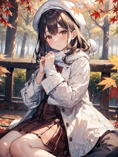 Absurd,(masterpiece、Highest quality、8k ),Intricate details,Ultra-detailed、1 Cute Beautiful Girl、(solo),(close distance:1.3),(はAre crying、Are crying:1.3),Portrait,Face Focus、Long brown hair、Curly Hair、(White coat、White Beret、Checked skirt、White scarf:1.3),Kamimei、I was hugged、(Autumnal leaves々々a park with a lot of、Leaves fall:1.3)、Ultra-realistic,Perfect Anatomy ,Five fingers