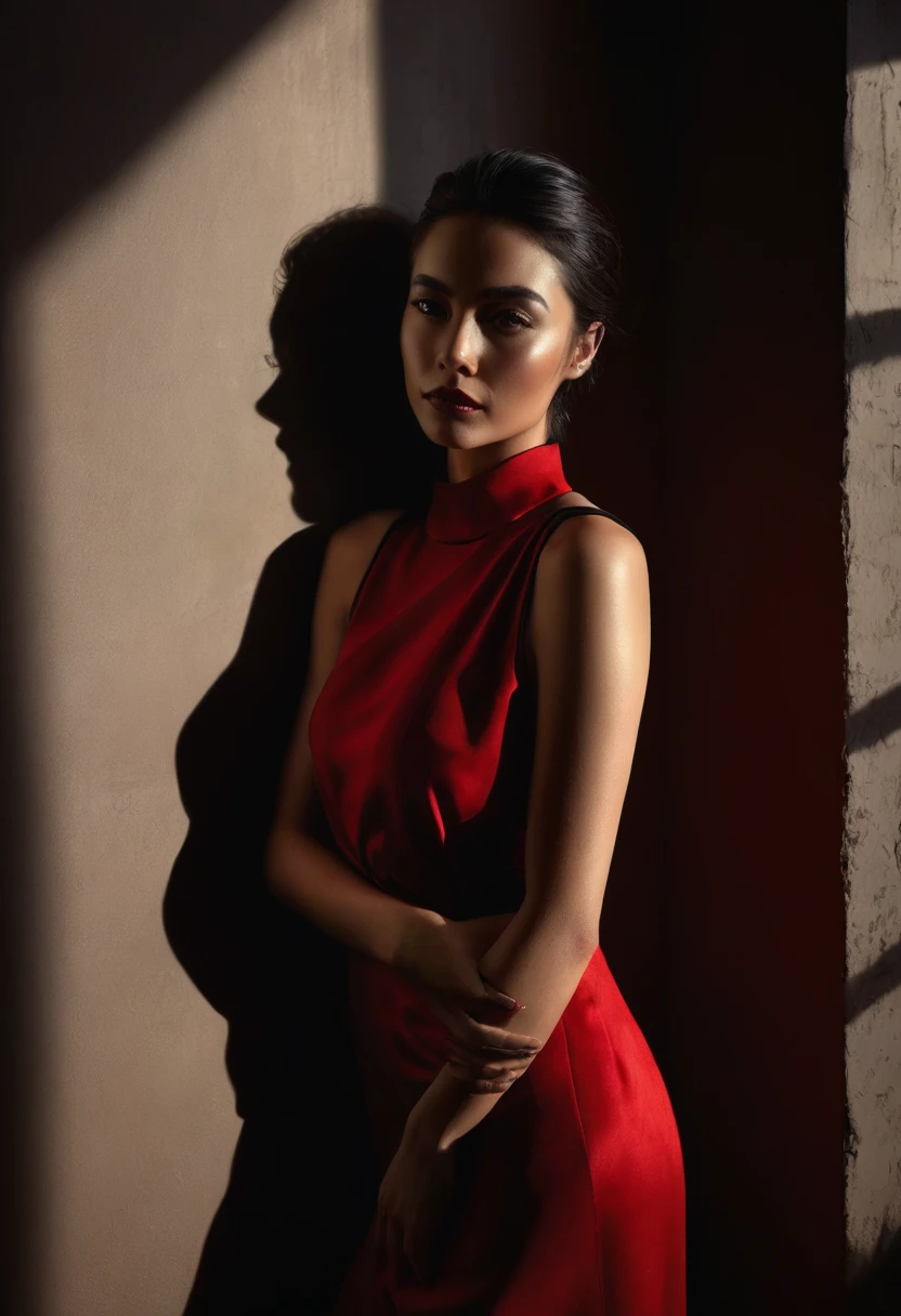 woman bathed in soft light, leaning against a wall, looking into the camera in a moment of raw emotion. Her attire is minimal, accentuating her beauty with the dramatic shadows cast by the lighting. The background is stark, with sharp contrasts highlighting the contours of her form. The red and black palette intensifies the mood, evoking a sense of mystery and allure. Subtle film grain and meticulous shading add depth and texture, emphasizing the emotional gravity of the scene. The lighting creates a chiaroscuro effect, accentuating her expressive pose and the intense atmosphere.