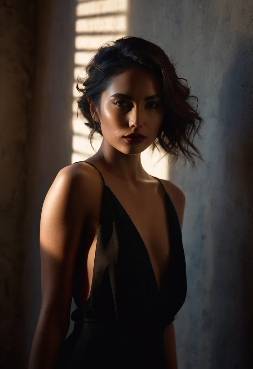 woman bathed in soft light, leaning against a wall, looking into the camera in a moment of raw emotion. Her attire is minimal, accentuating her beauty with the dramatic shadows cast by the lighting. The background is stark, with sharp contrasts highlighting the contours of her form. The red and black palette intensifies the mood, evoking a sense of mystery and allure. Subtle film grain and meticulous shading add depth and texture, emphasizing the emotional gravity of the scene. The lighting creates a chiaroscuro effect, accentuating her expressive pose and the intense atmosphere.