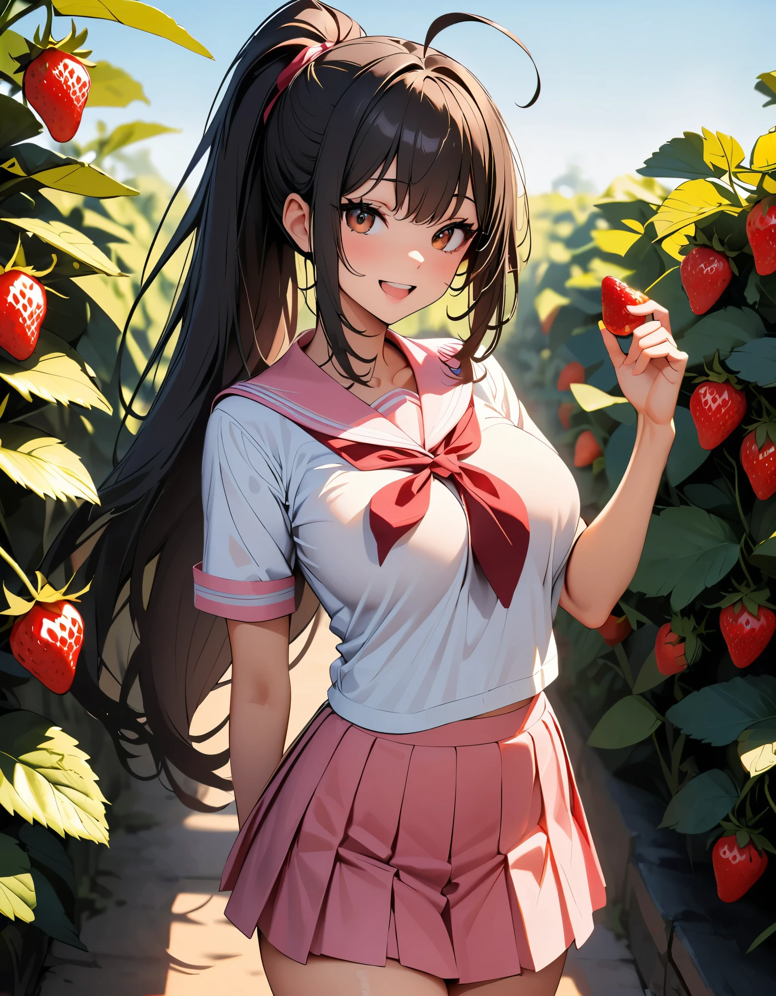 (Highest quality:1.2, Very detailed, Latest, Vibrant, Ultra-high resolution, High Contrast, masterpiece:1.2, Highest quality, Best aesthetics), (Small face), (Very detailedな肌:1.2), One Woman, (Black Hair, High Ponytail, Ahoge, Reddish brown eyes), (Slim figure:1.4, Woman with slim body and large breasts), Beautiful Eyes, Glossy Lips, Sunburned, Sunburn:1.4, Beautiful thighs, ((smile)), ((Holding a strawberry, Open your mouth:1.4)), (Pink sailor suit, Pink pleated skirt), (Sexy Body), Perfect Fingers, Five Fingers, (Strawberry field background, Beautiful sky), Background Blur,