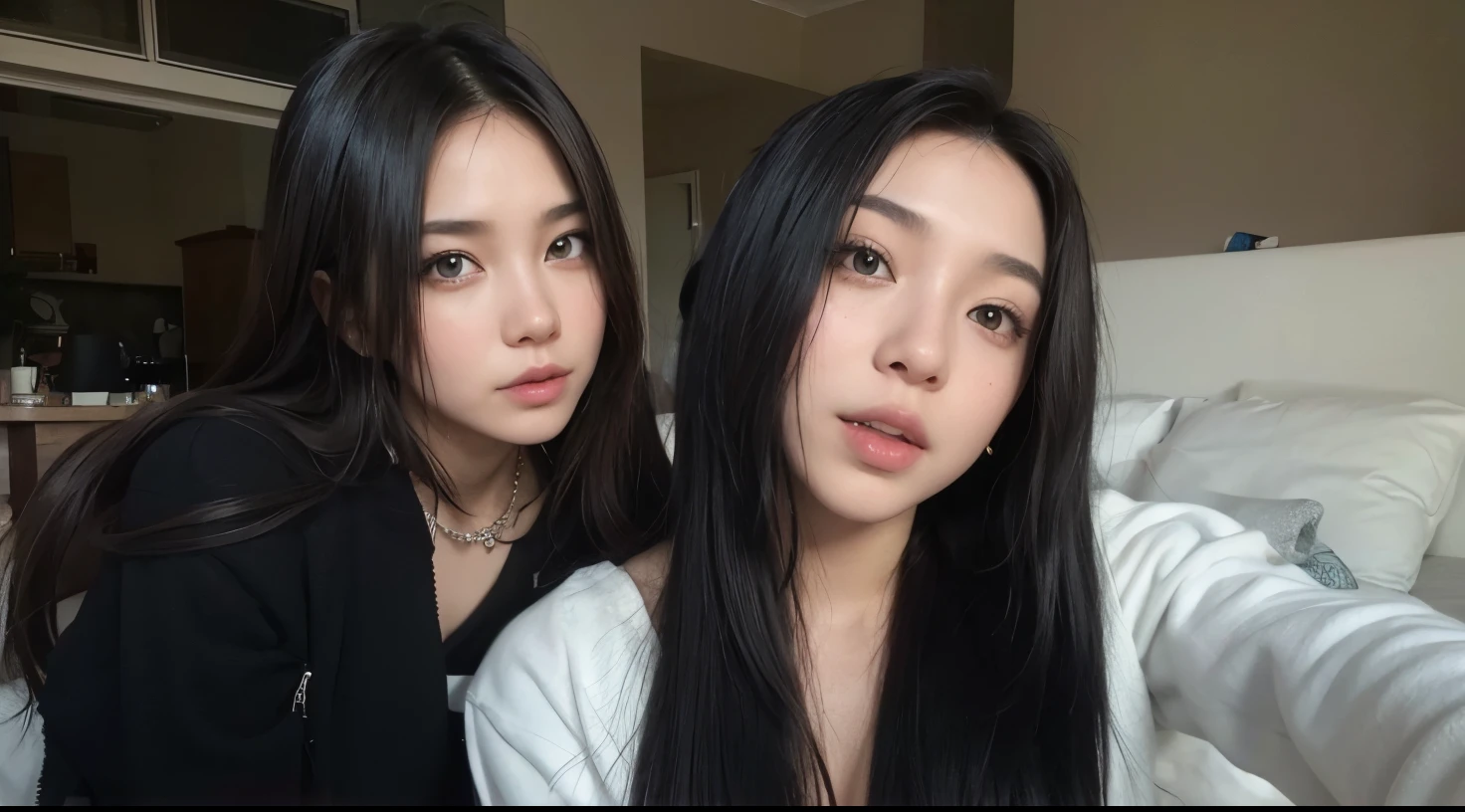 mermaid eyes, sensuous, latina, Bblack hair, Asian, Two beautiful women