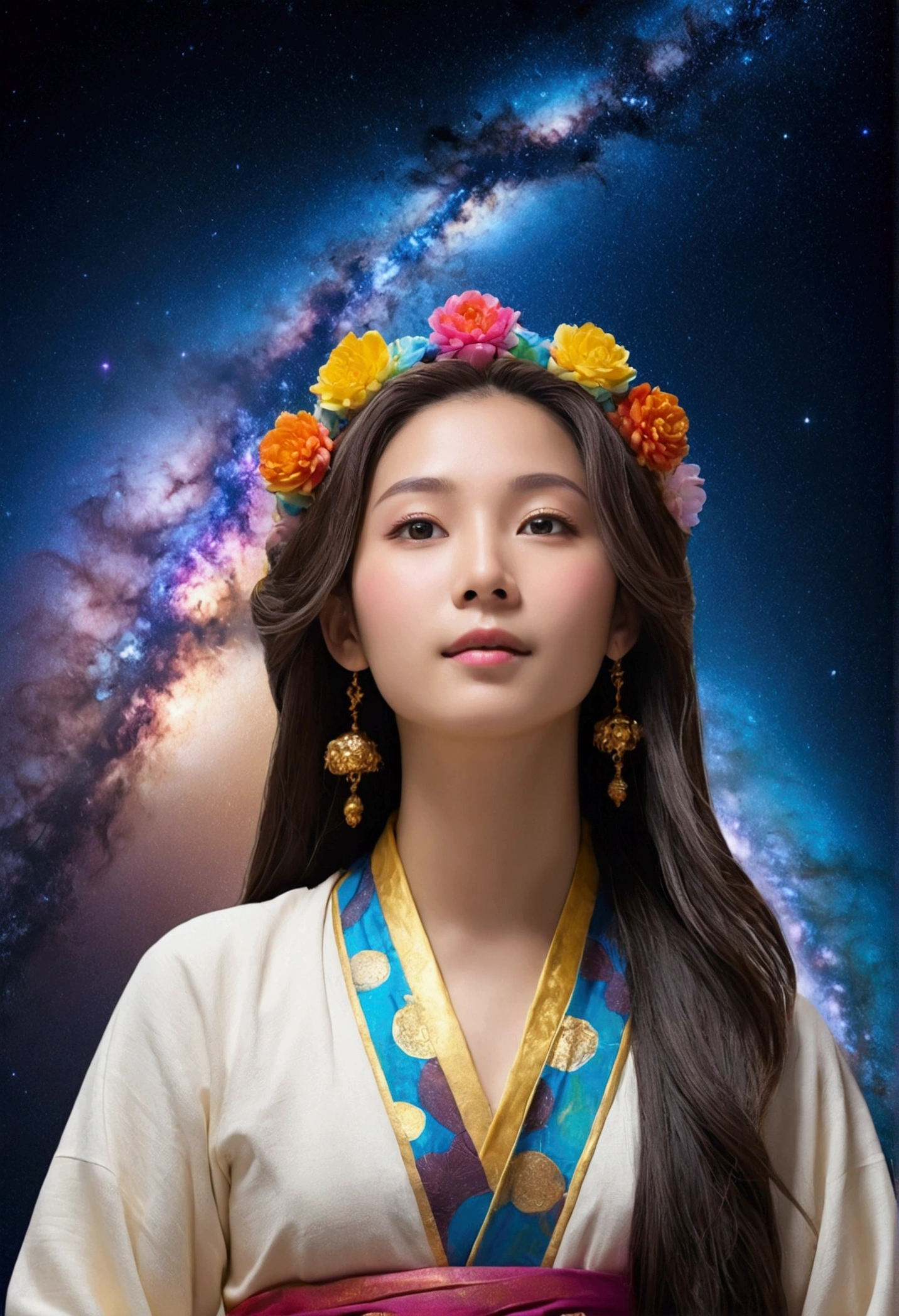 high quality, 最high quality,, Detailed portrait of a woman 1 Girl, Long Hair, Kannon Bodhisattva(floating, space, milky way, colorful), Warm lighting, goddess, milky way, scenery, colorful hair wreath, {{{最high quality}}}, {{Very detailed}}, {shape}, Movie angle, {Detailed light},Cinema Lighting, Celestial, Dynamic pose
