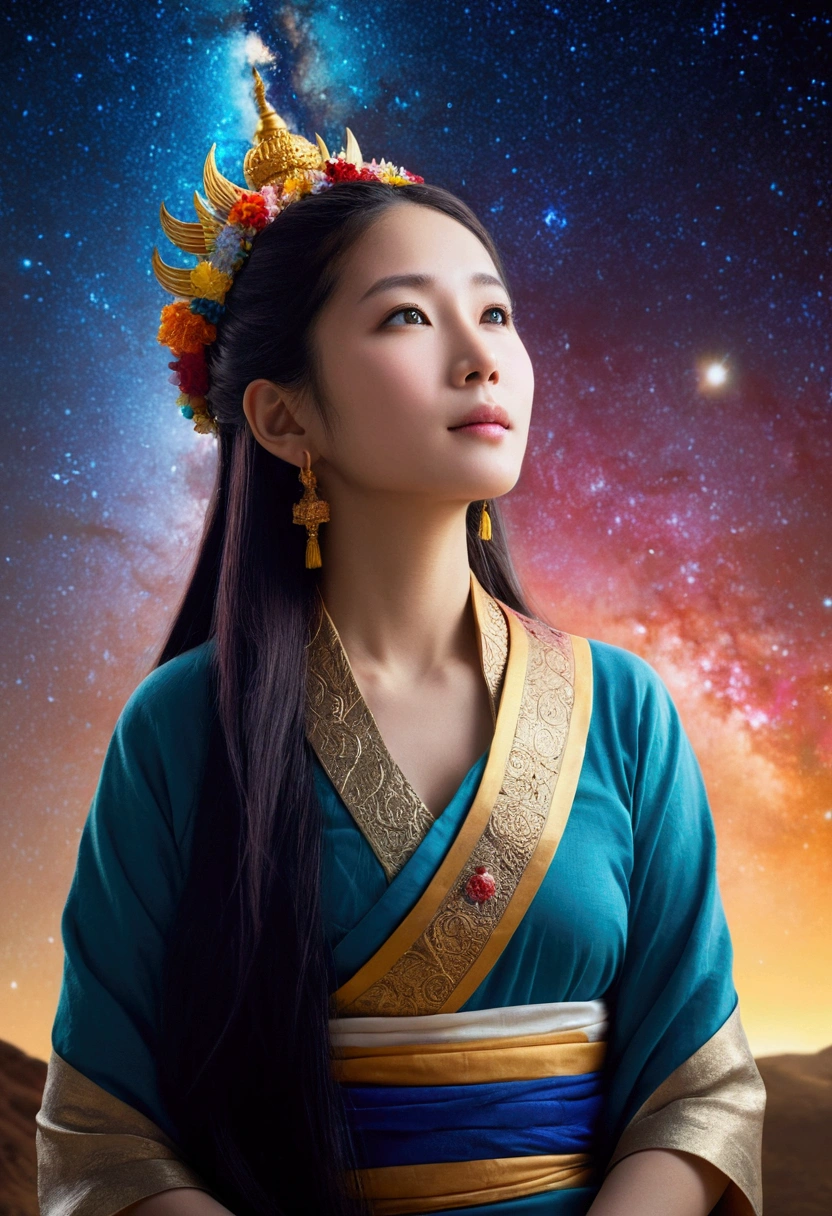 high quality, 最high quality,, Detailed portrait of a woman 1 Girl, Long Hair, Kannon Bodhisattva(floating, space, milky way, colorful), Warm lighting, goddess, milky way, scenery, colorful hair wreath, {{{最high quality}}}, {{Very detailed}}, {shape}, Movie angle, {Detailed light},Cinema Lighting, Celestial, Dynamic pose