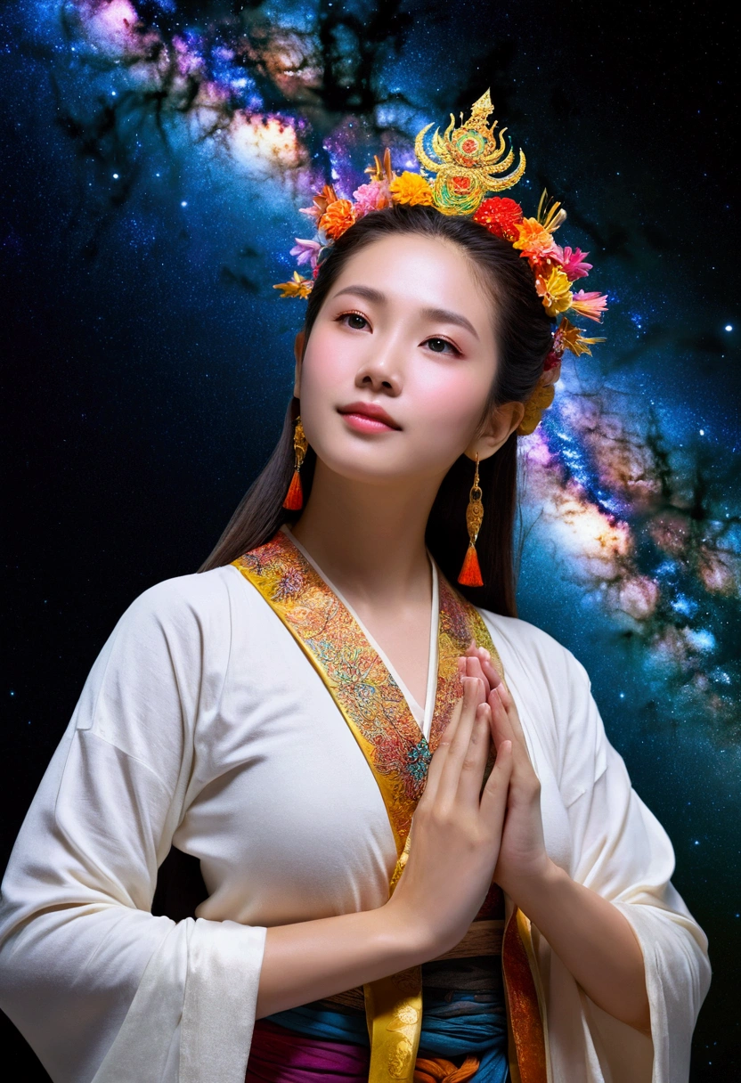 high quality, 最high quality,, Detailed portrait of a woman 1 Girl, Long Hair, Kannon Bodhisattva(floating, space, milky way, colorful), Warm lighting, goddess, milky way, scenery, colorful hair wreath, {{{最high quality}}}, {{Very detailed}}, {shape}, Movie angle, {Detailed light},Cinema Lighting, Celestial, Dynamic pose